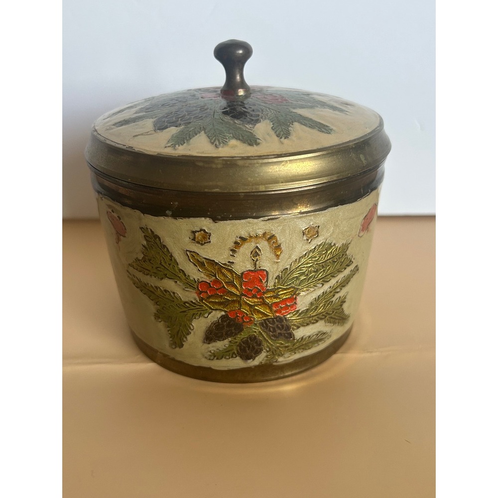 Vintage Brass Enamel Christmas Canister Pinecone Candle Holiday Jar with Lid
